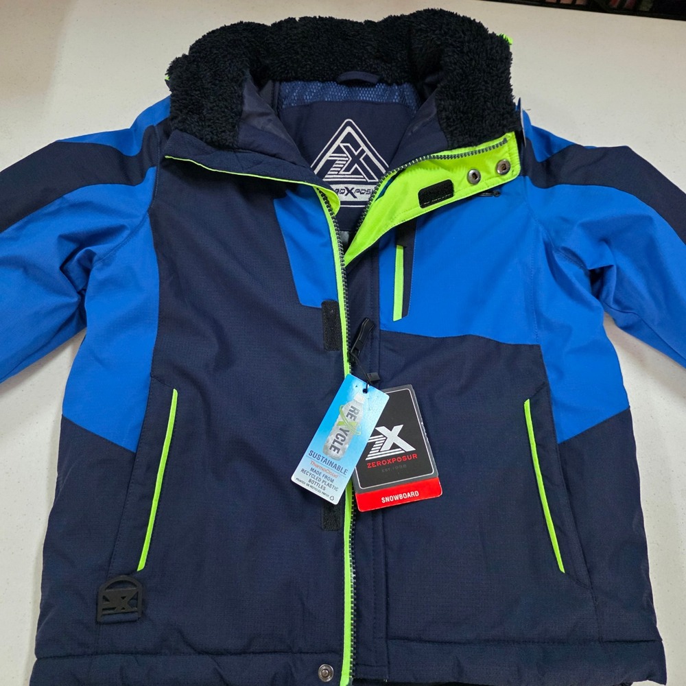ZeroXposur Boys Snowboard Jacket Navy Blue Neon Lime Size S 6/7 NWT Z22123KEC